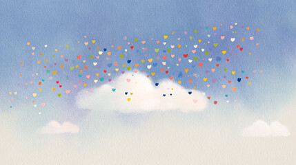Colorful confetti hearts and shapes falling from fluffy white clouds against sky. Whimsical celebration scene with pastel colors and dreamy atmosphere