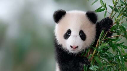 Fototapeta premium Baby panda is standing on a tree branch. The panda is cute and adorable. Concept of innocence and wonder