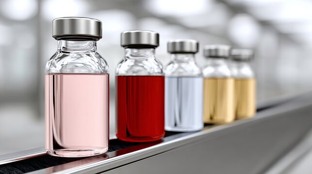 Row of clear bottles with different colored liquids inside. The bottles are lined up on a conveyor belt