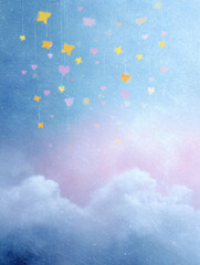 Colorful confetti hearts and shapes falling from fluffy white clouds against sky. Whimsical celebration scene with pastel colors and dreamy atmosphere
