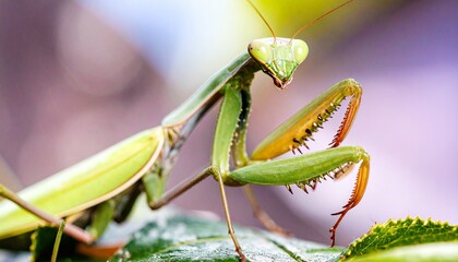 Green mantis on a tree leaf. macro techniques 