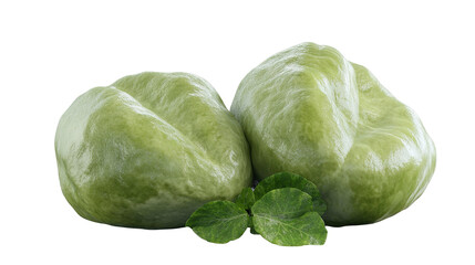 Two fresh chayotes glistening invitingly on transparent background