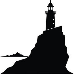 lighthouse near cliff black silhouette on white background