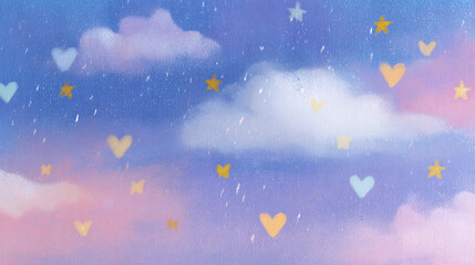 Colorful confetti hearts and shapes falling from fluffy white clouds against sky. Whimsical celebration scene with pastel colors and dreamy atmosphere