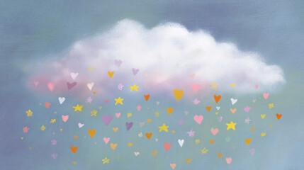 Colorful confetti hearts and shapes falling from fluffy white clouds against sky. Whimsical celebration scene with pastel colors and dreamy atmosphere