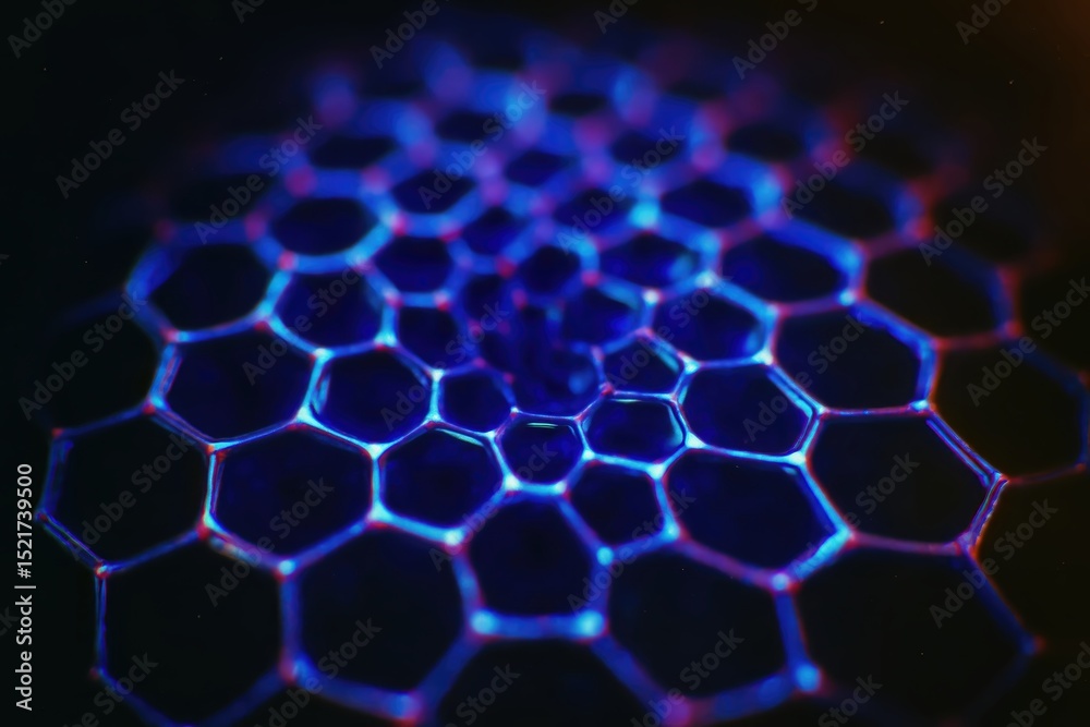 Poster Intricate Patterns of a Honeycomb Structure Illuminated by Vibrant Colors in a Dark Setting