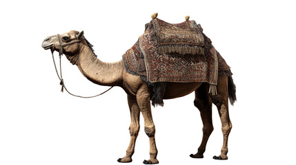 Majestic camel with a vibrant saddle ready on transparent background
