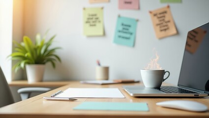 Fototapeta premium Workstation With Laptop and Steaming Coffee Cup Beside Notes on Wall in Bright Office