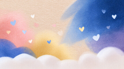 Colorful confetti hearts and shapes falling from fluffy white clouds against sky. Whimsical celebration scene with pastel colors and dreamy atmosphere