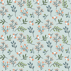Fashionable seamless pattern with delicate twigs, leaves and berries. Flat vector illustration on a blue background