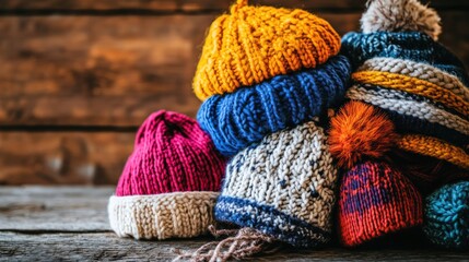 Pile of colorful knitted winter hats on wooden surface.