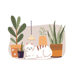 Cute cat lying in the room among potted houseplants. Vector illustration in flat style