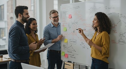 Team Brainstorming Session: A diverse team collaborates on a whiteboard, brainstorming ideas and strategies.  The image showcases teamwork, innovation.
