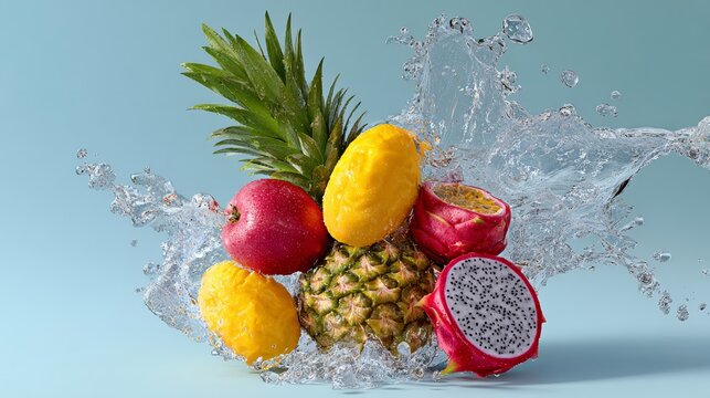 Fruit salad with a splash of water on top. The fruits include apples, oranges, and a pineapple