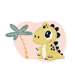 Cute baby dinosaur sitting near palm tree, vector illustration flat style