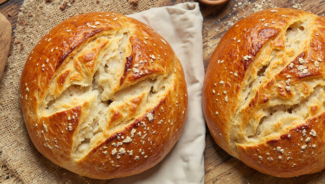 Freshly baked Moroccan round bread khobz on rustic wooden table  
