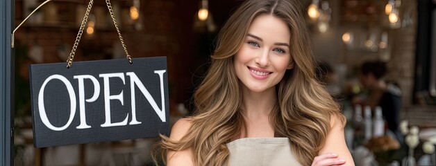 Female restaurant owner stands confidently at her bakery entrance, ready to greet customers with a warm smile and an open sign
