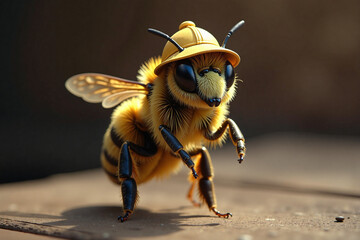 Bee wearing a yellow hard hat while standing on a surface  