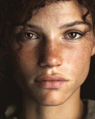 Obraz premium Captivating portrait of a young woman with curly hair and striking features in soft lighting setting