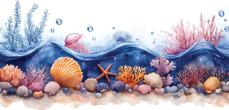 Underwater Seascape: A vibrant watercolor illustration of an underwater scene, featuring seashells, starfish, coral, and jellyfish.