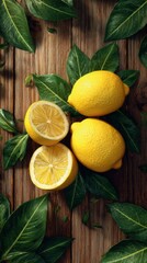 Fresh Lemons With Leaves Arranged on Wooden Surface for Natural Kitchen Decor and Recipes