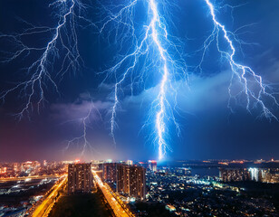Many lightnings over the city at night