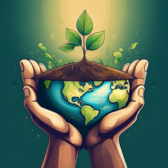 an cartoon image of two raised hands holding half of the earth from which a green plant grows, save the planet