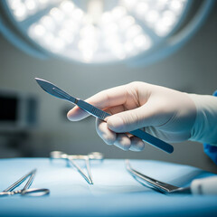 A gloved surgeon's hand holding a scalpel
