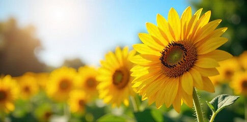 Fototapeta premium Vibrant sunflowers bask in the warm sunlight of a beautiful garden, their golden petals reaching for the sky A stunning display of nature's beauty, perfect for summer themes , gold, cheerful, flower