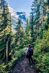 Family hiking at Glacier National Park, Canadian Rockies. British Columbia, Canada