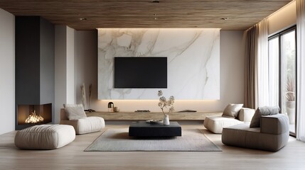 Sophisticated Living Room with Marble Accent Wall and Modern Fireplace Design, Cozy Setting