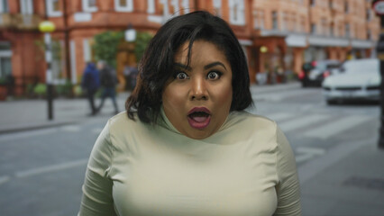 Woman on street shocked in city setting revealing surprised expression outside urban environment.