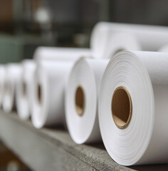 Large white paper rolls in industrial printing factory with manufacturing equipment. Commercial paper production facility showing newsprint or printing paper inventory