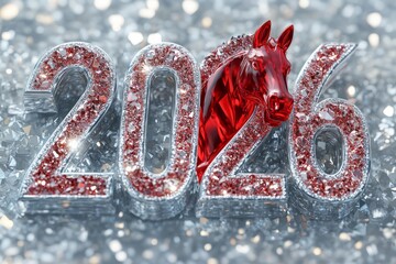 Banner with shiny diamond silver numbers 2026 with glass red horse head