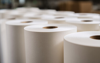 Large white paper rolls in industrial printing factory with manufacturing equipment. Commercial paper production facility showing newsprint or printing paper inventory