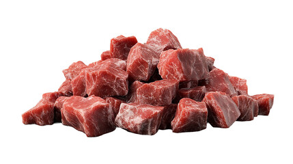 Pile of cubed raw meat on a black backdrop on transparent background