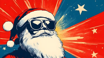 Cool Santa with sunglasses, red & blue burst background, stars