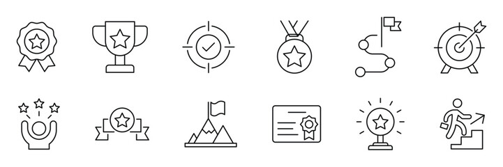Success icon set. Goal Web Icon Set in Outline Style. Including process, target, aim, focus, human resource, strategy, winner and more. Vector illustration.