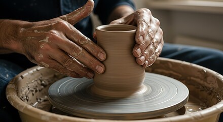 Potter at Work: Close-up view of a potter's hands expertly shaping a clay vessel on a spinning wheel, the focus is on the artistry, skill, and craftsmanship.