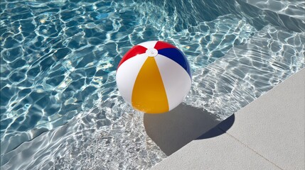 Obraz premium Red, yellow and blue beach ball is floating in a pool. The pool is surrounded by a white deck