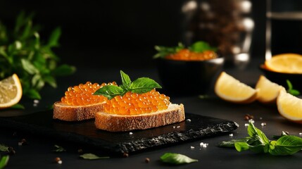 Delicious Toast Topped With Vibrant Fish Roe and Fresh Herbs on a Dark Table