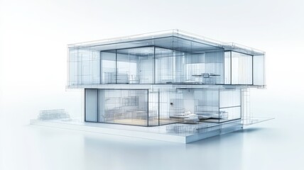System Design Implementation Concept. 3D architectural rendering of a modern house design with transparent walls and open spaces.