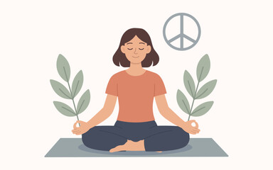Peaceful Woman Meditating, Mindfulness and Inner Calm Concept, Flat Vector Illustration