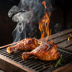 Barbecue chicken with flames leaping upward