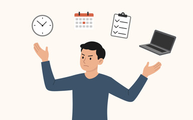 Overwhelmed Worker Juggling Time, Tasks, and Technology, Productivity and Stress Concept, Flat Vector Illustration