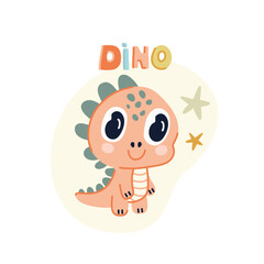 Cute pink baby dinosaur with lettering. Vector illustration in flat style.