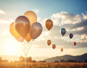 Fototapeta premium balloons soar amidst fluffy clouds under a sunny sky