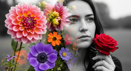 Naklejka premium Girl among flowers