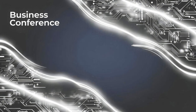 Silver gray digital background with glowing circuit elements and neon waves on a dark backdrop. Perfect for technology presentations, internet themes, innovation, or conference invitations