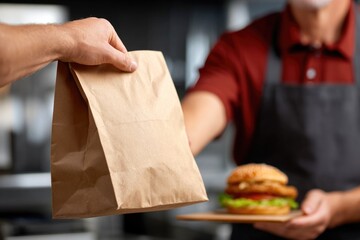Fast Food Takeout Bag Being Handed Over with Burger in Background